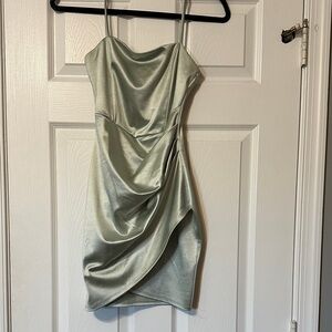 Windsor Satin Draped Mini Dress in Soft Green